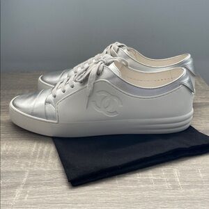 Chanel White & Silver Leather Sneakers EU 40.5 – Dust Bags & Extra Laces
